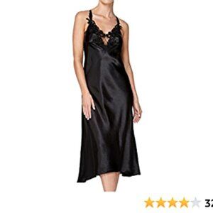 NWT Flora Nikrooz Stella Satin Venise Trim Black Midi Nightgown Slip Dress M